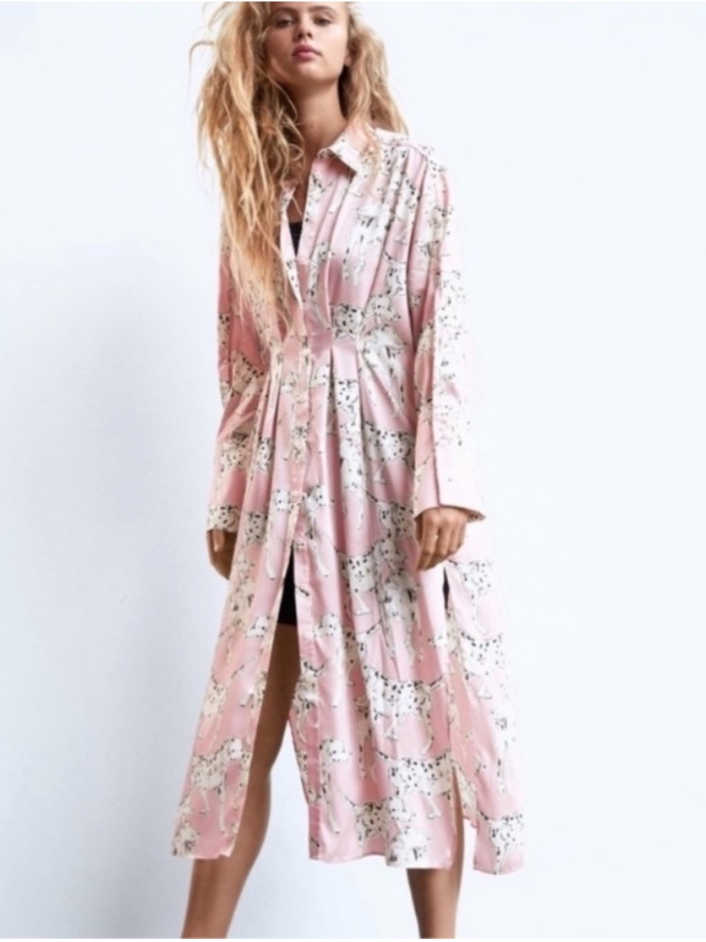 ZARA Dalmatian Petal Print Pink Satin Shirt Dress Dog Pup Lovers Button Front